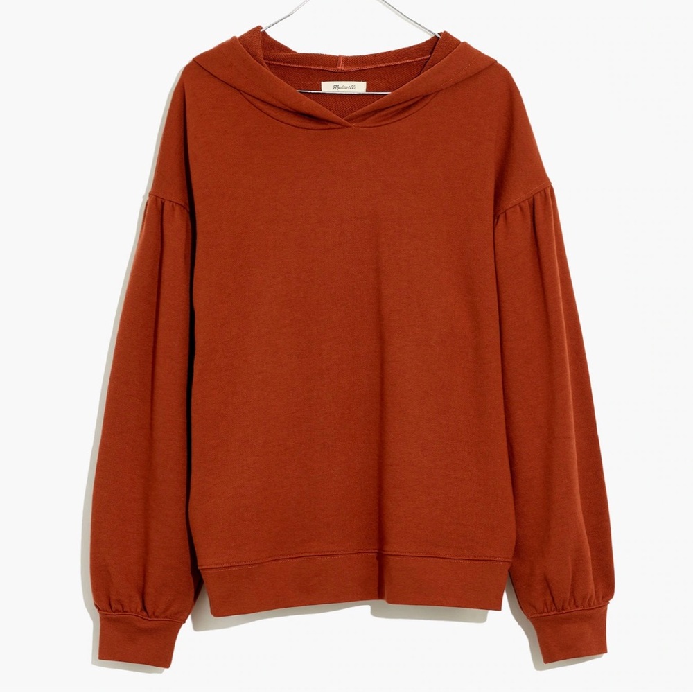 Madewell Pleat Sleeve Shrunken Hoodie Sweatshirt in Maple Syrup Size XS